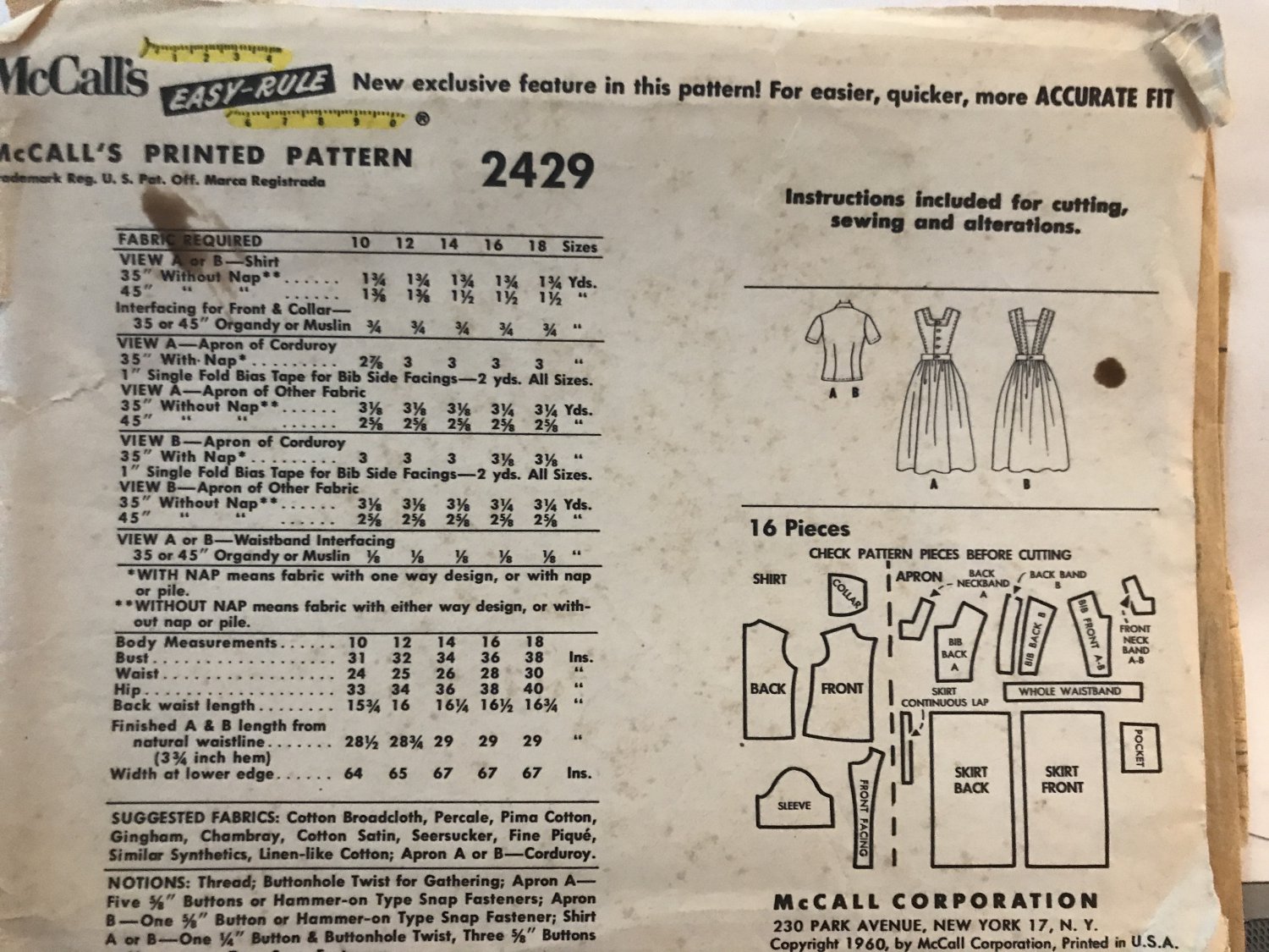 McCalls 2429 Vintage Misses Full Wrap Apron and Shirt Sewing Pattern ...