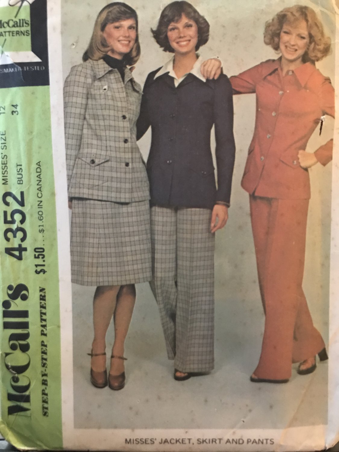 McCall's 4352 Misses Vintage Jacket, Skirt and Pants Suit Pattern, size 12