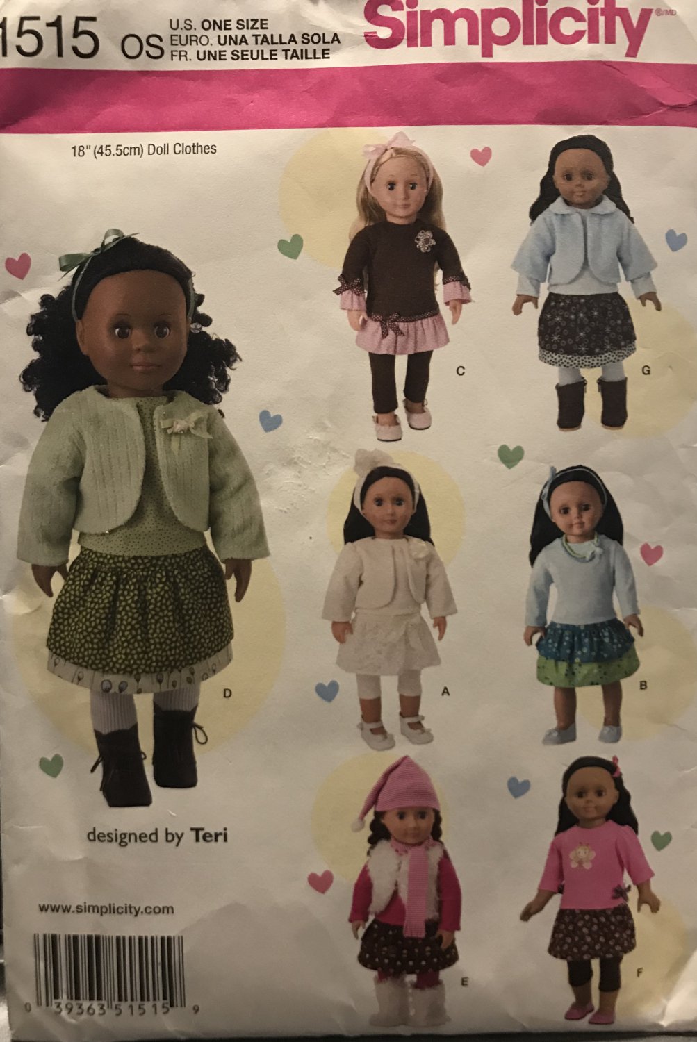 18 Inch Doll Clothes Simplicity 1515 UNCUT Sewing Pattern Tops leggings skirt jacket headband hat