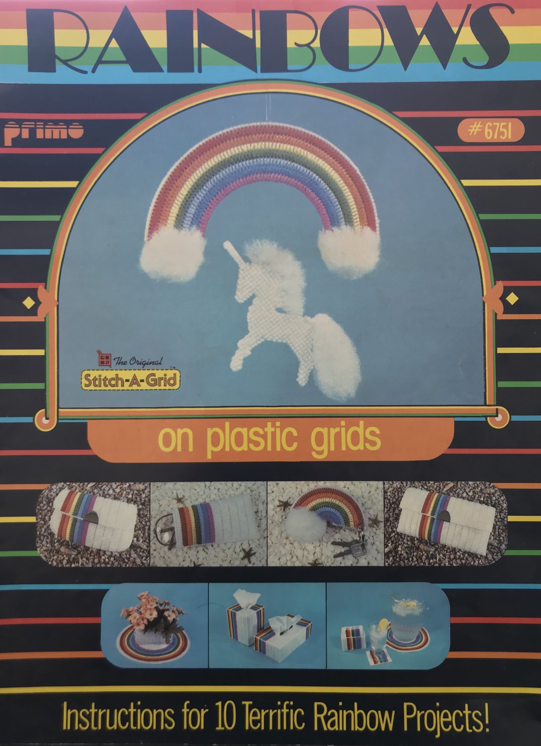 Rainbows on Plastic Grids Plastic Canvas pattern 6751 instructions for Unicorn Rainbow mobile