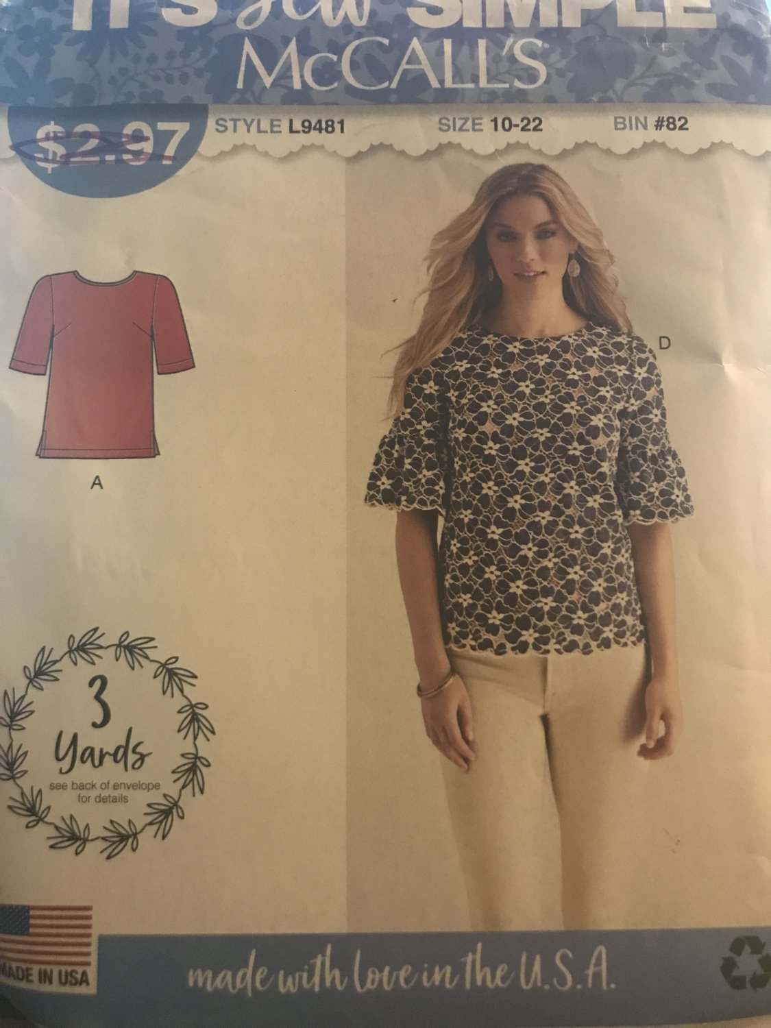 McCall's 9481 L9481 Misses Sew Simple TMisses Top Sizes 10-22 Sewing Pattern