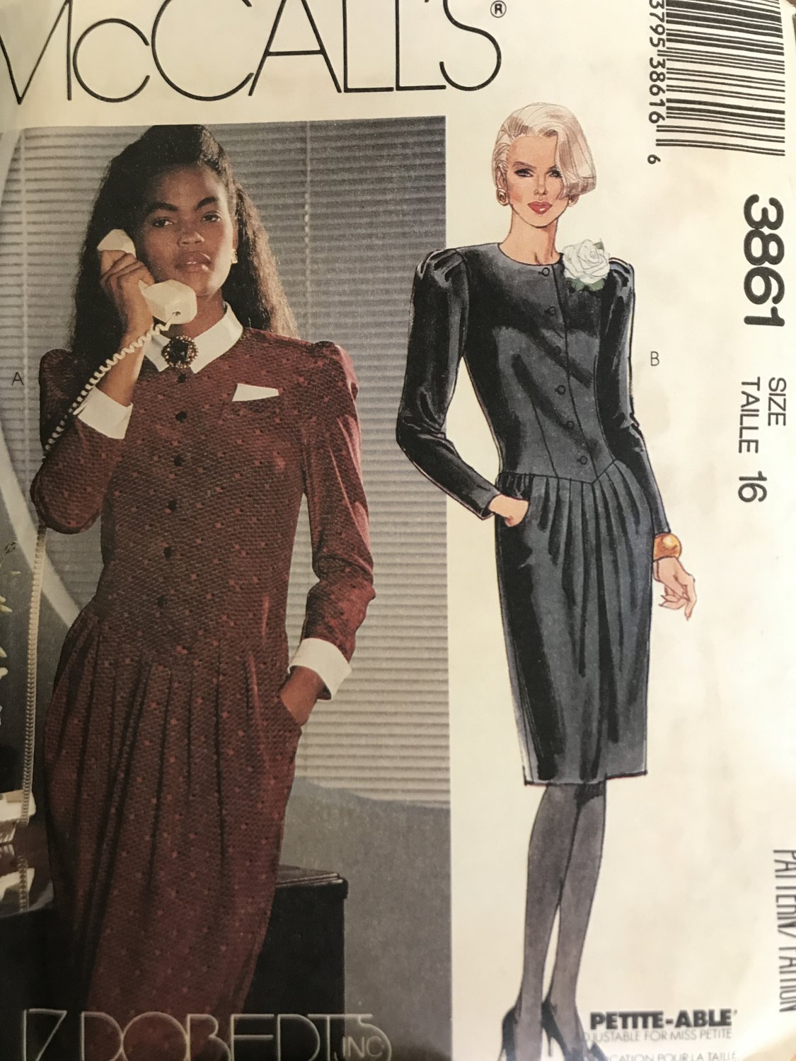 McCall's 3861 Liz Roberts 80s Fashion Drop Waist Dress Size 16 Sewing Pattern
