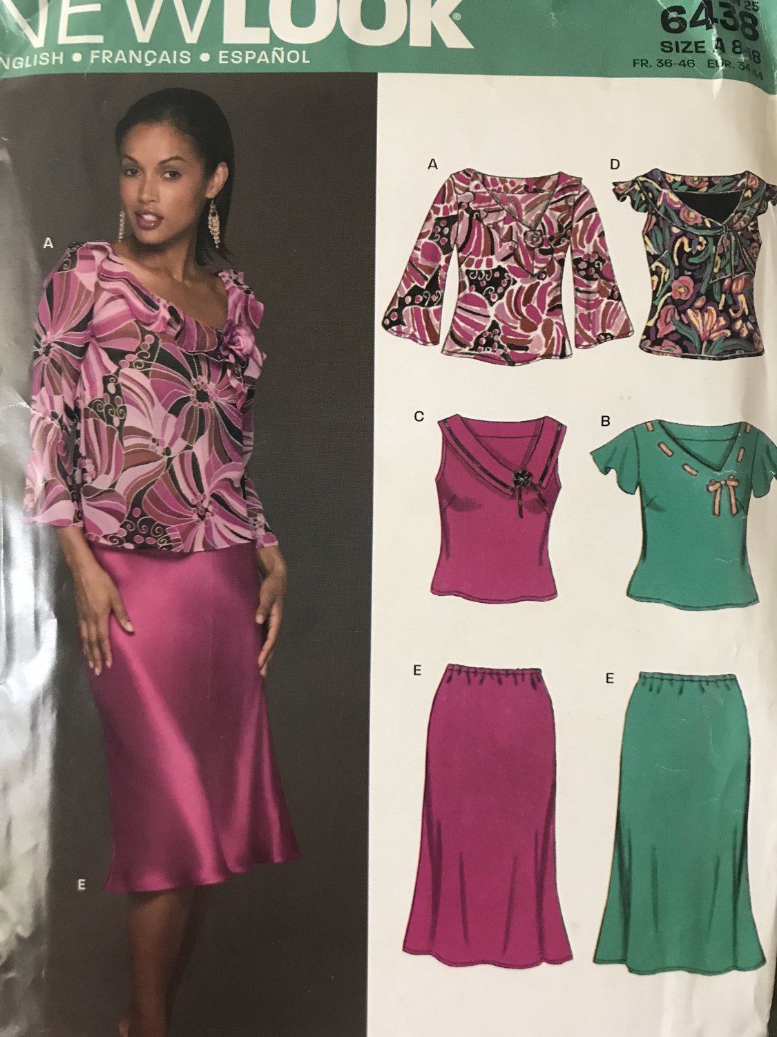 New Look 6438 Misses skirt and tops with neckline and sleeve variations Size 8 - 18 sewing pattern