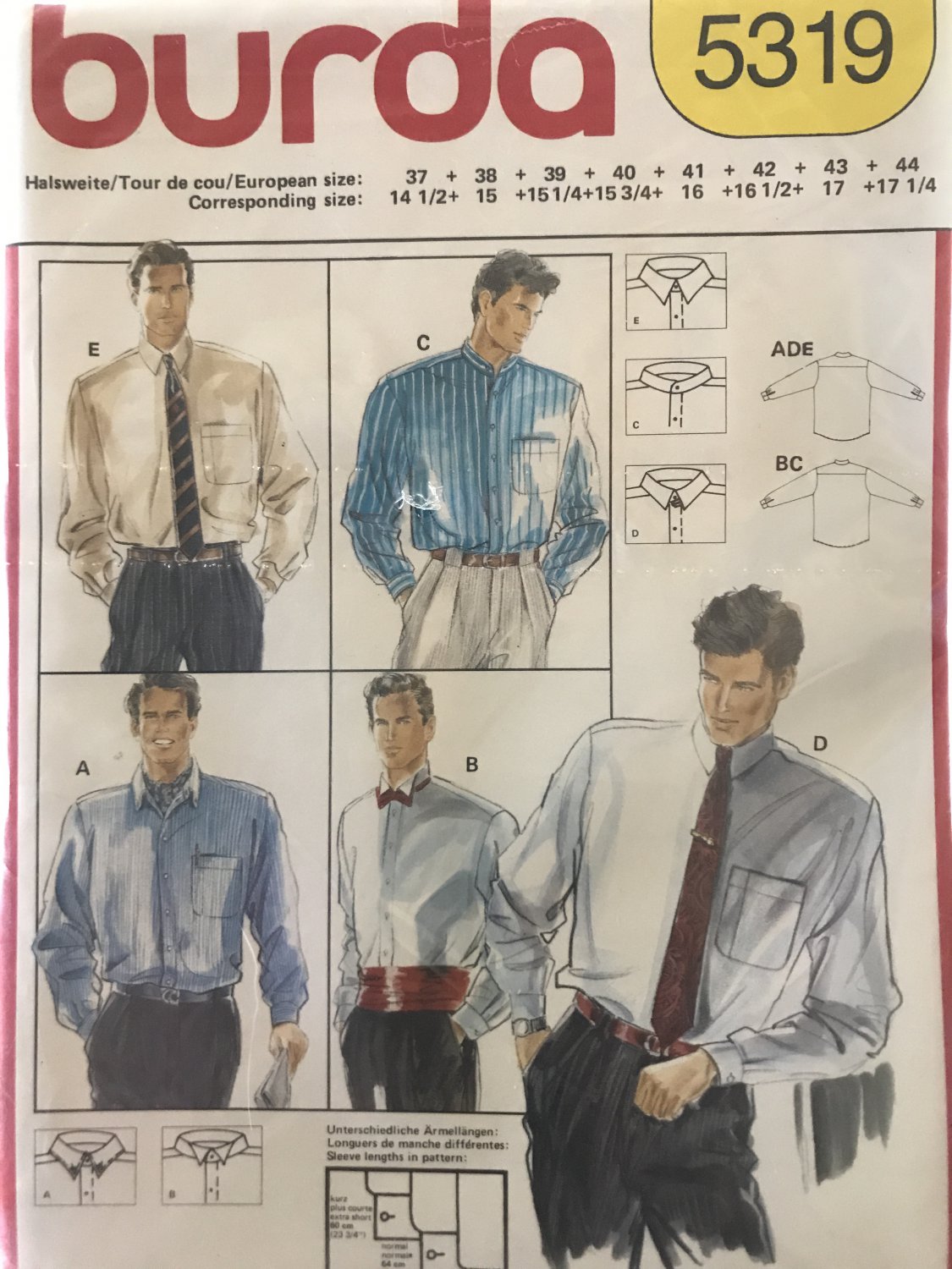 Burda 5319 Mens' Dress Shirt Sewing Pattern with collar variations size