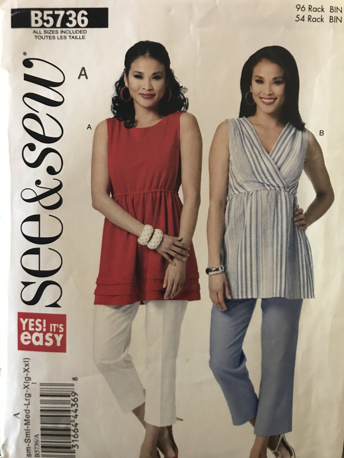 Butterick 5736 Semi Fitted Tunic Top with Bateau or V Neckline Sewing Pattern Size XS S M L Xl XXl
