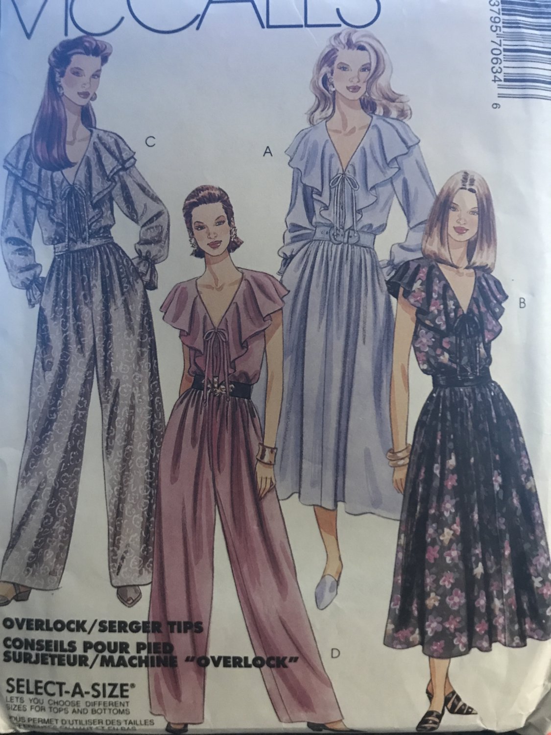 McCall's 7063 Misses' Dress  or Pants suit with ruffled neckline size 12 14 16 Sewing Pattern