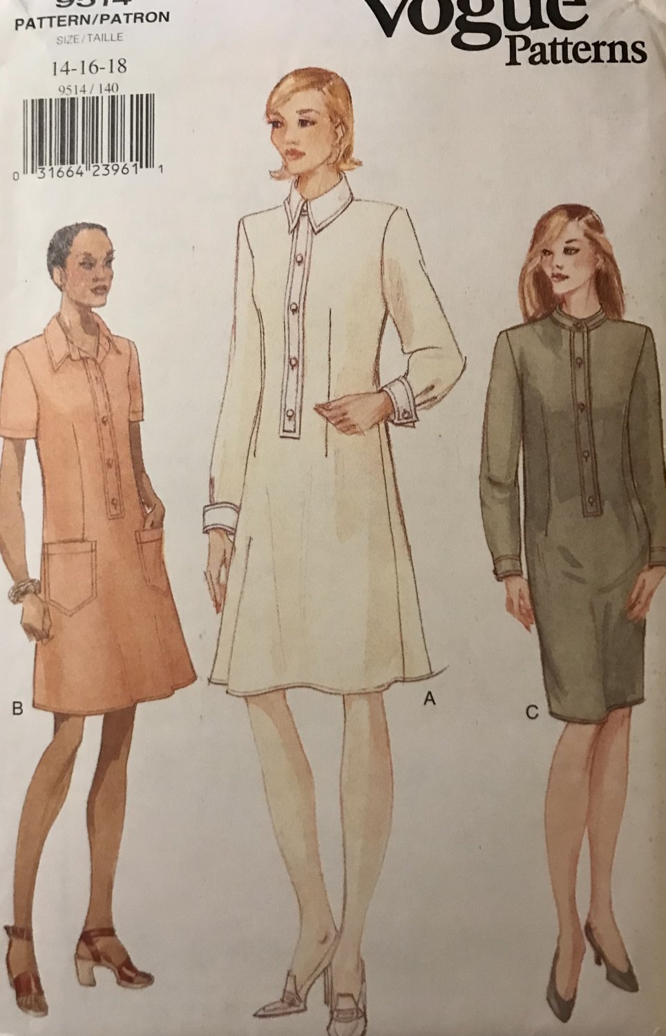 Vogue 9514 Misses Semi-Fitted pullover Dress Size 14 16 18 Sewing Pattern