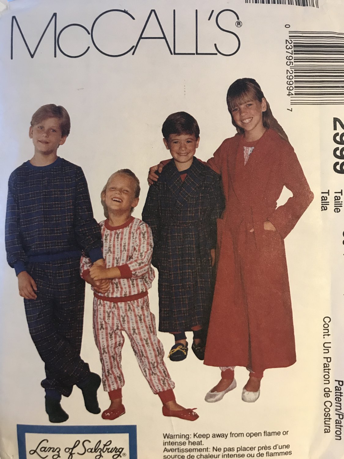 McCall's 2999 Children's Robe With Tie Belt, Pullover Pajamas Sleepwear Pattern
