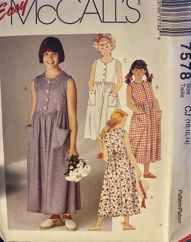McCall's 7578 Girl's summer sleeveless dress size 10 12 14 Sewing Pattern