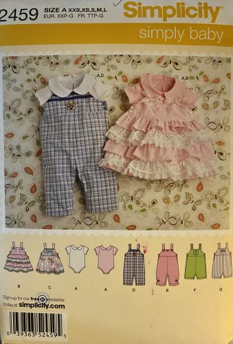 Simplicity 2459 Infant Baby Onsie, Jumper,  Overalls Sewing Pattern size XXS - L