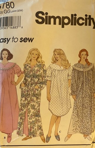 Simplicity 8780 Women's Nightgown in Two Lengths, Robe and Tie Belts Sewing Pattern Size 26 - 32