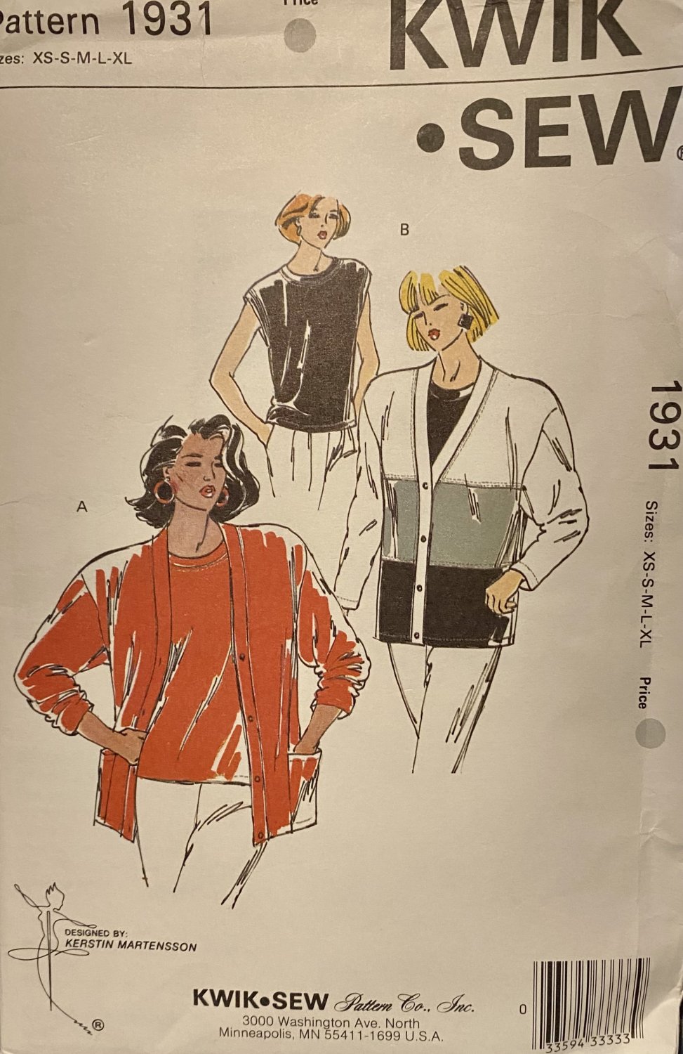 Kwik Sew 1931  Misses Tops Sewing Pattern bust size 31 1/2" - 45"