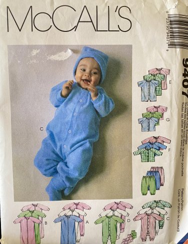 McCalls 9407 Layette Gown Romper Cap Booties Sz Preemie - 18 lbs Sewing Pattern
