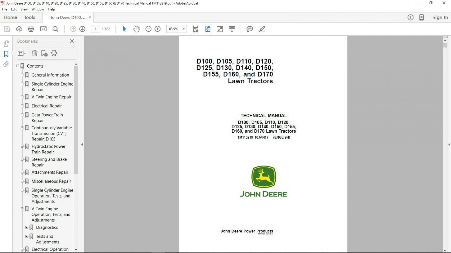 John Deere D140 D150 D155 D160 D170 Technical Manual TM113219 On CD