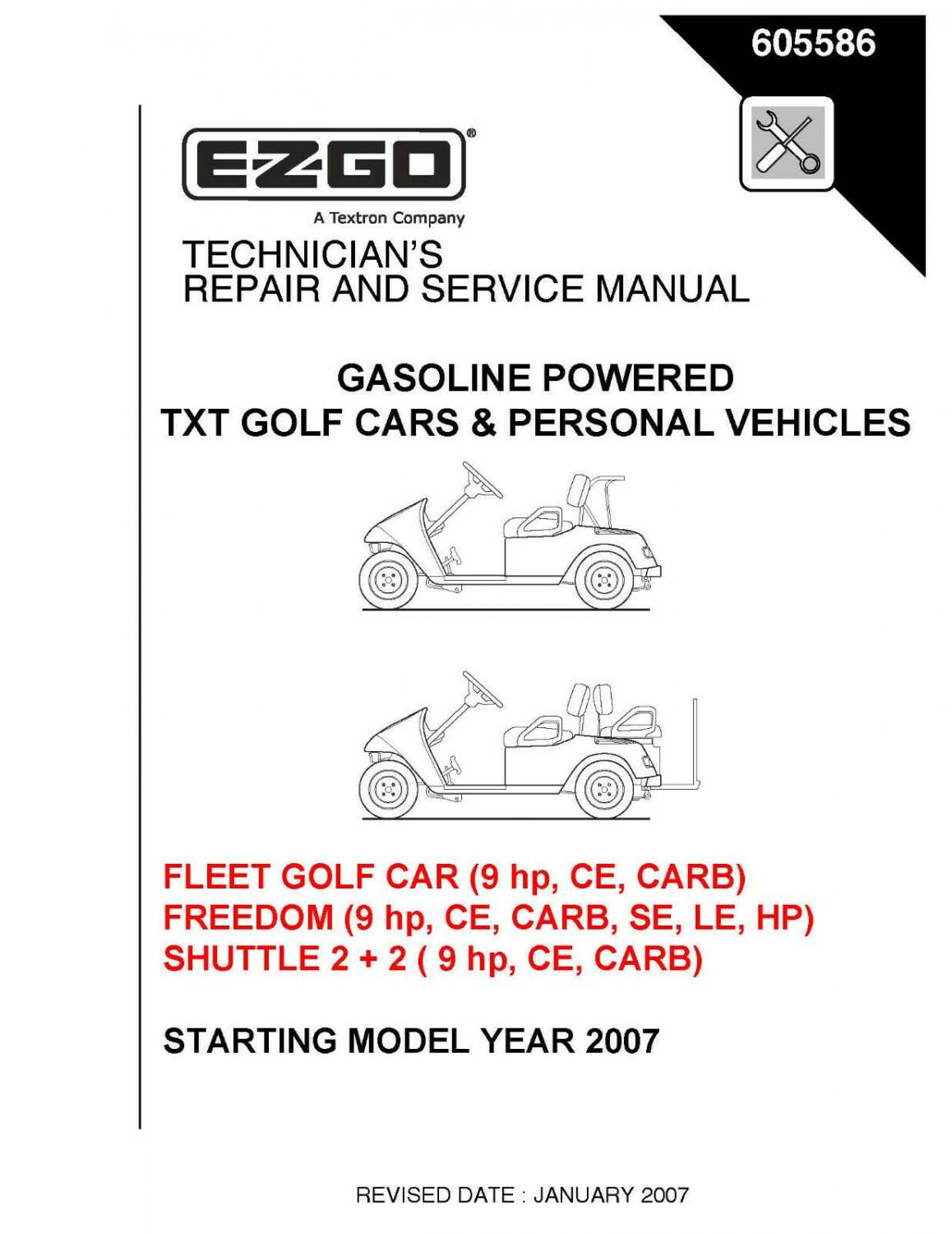 EZ-GO Repair & Service Manual 2007 Gas TXT Golf Cars & PVs 605586 On CD