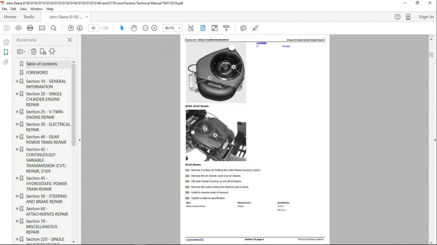 John Deere D140 D150 D155 D160 & D170 Technical Manual TM113219 On CD