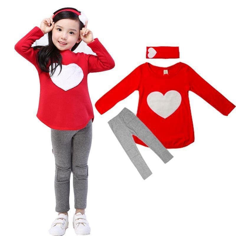 3 Sets Red Heart Girl Hair Band Shirts Pants Suits