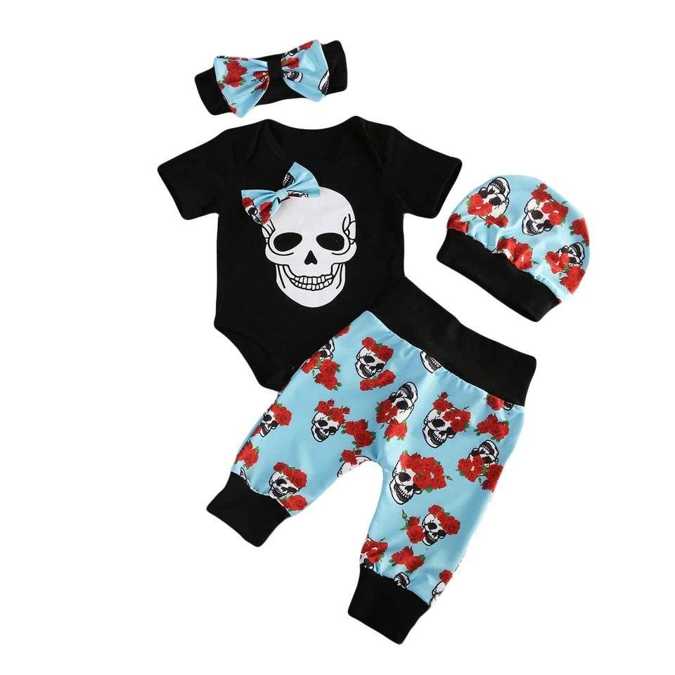 4pcs Baby Girls Skull Cap Headband Jumpsuit