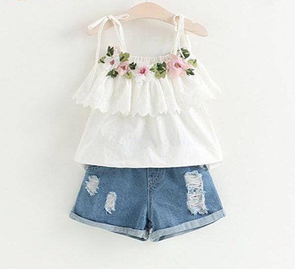 Baby Girls Bow Lace Sling Shirt Denim Shorts