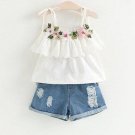 Baby Girls Bow Lace Sling Shirt Denim Shorts