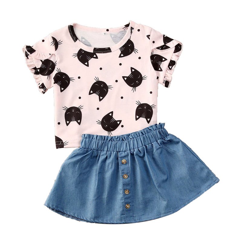 Toddler Girl Cat Print Top and Denim Skirt Set Summer Outfit