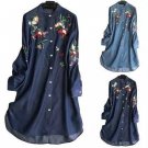 Embroidered Soft Jeans Shirt Dress Women Loose Button Up Dress