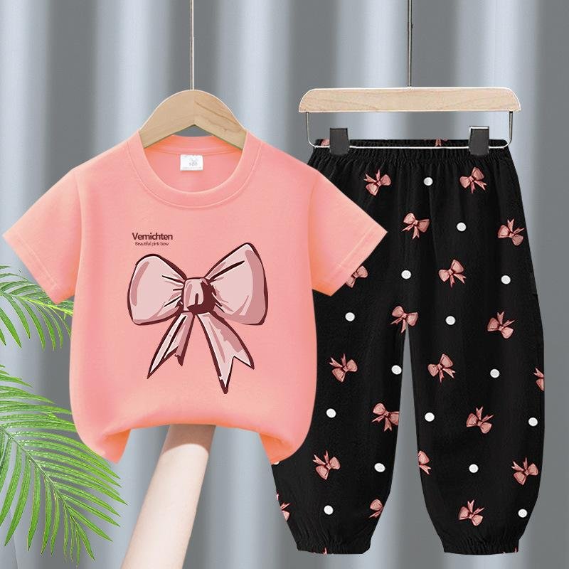 Girls' Pink Bow Print T-Shirt & Polka Dot Pants Set Cute Summer Outfit