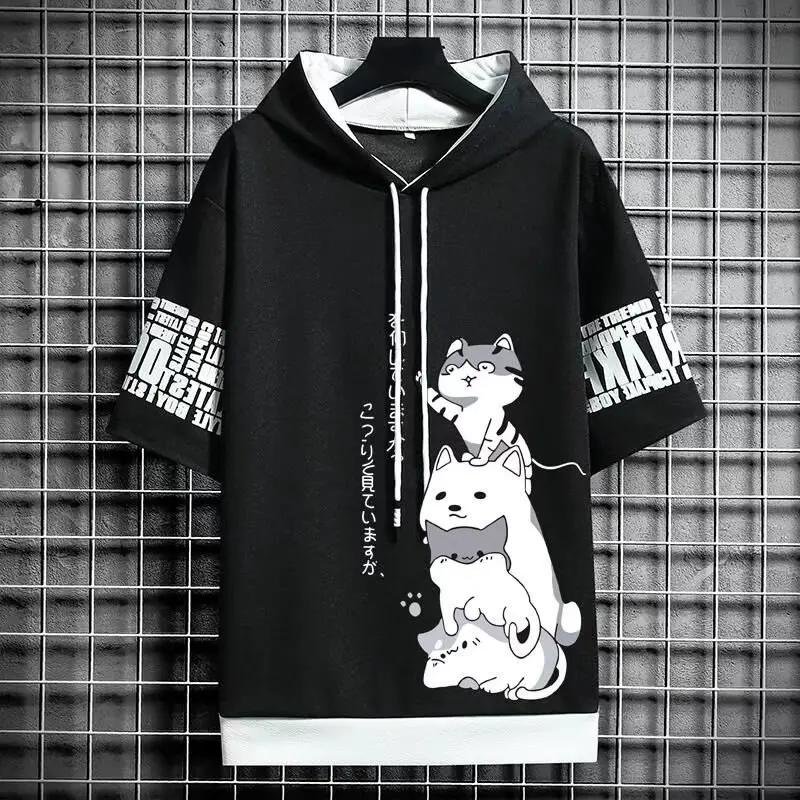 Cute Cat & Dog Graphic Hoodie Short Sleeve Unisex Top