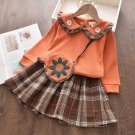Toddler Girl Fall Plaid Skirt Outfit with Flower Purse 2-Piece Set