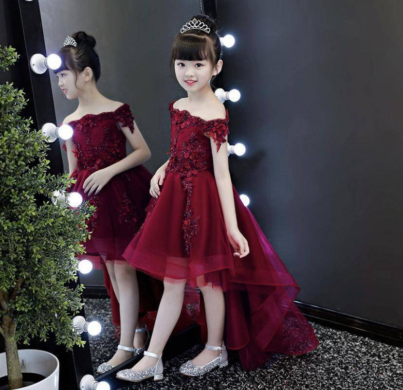 New Elegant Girl Red Lace Shoulderless First Communion Dress