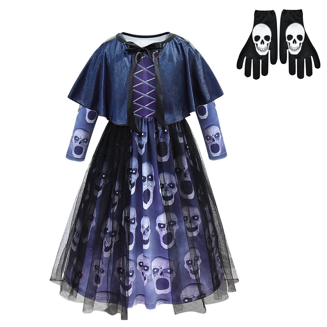 Kids Spooky Skull Print Halloween Costume Dress with Cape and Gloves
