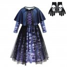 Kids Spooky Skull Print Halloween Costume Dress with Cape and Gloves