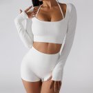 Women Ribbed Long Sleeve Sports Set with Halter Crop Top