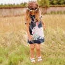 Short Sleeve Striped Rabbit Sunflower Embroidered Dress