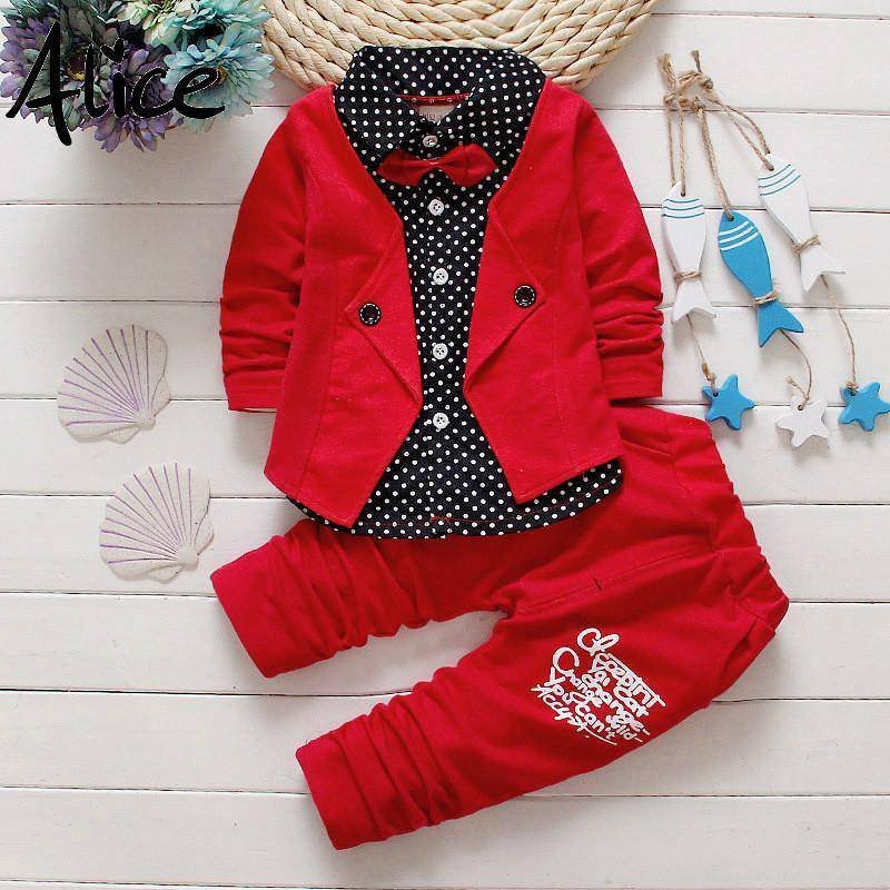 Spring kids boys button letter bow suit jacket +pants clothes