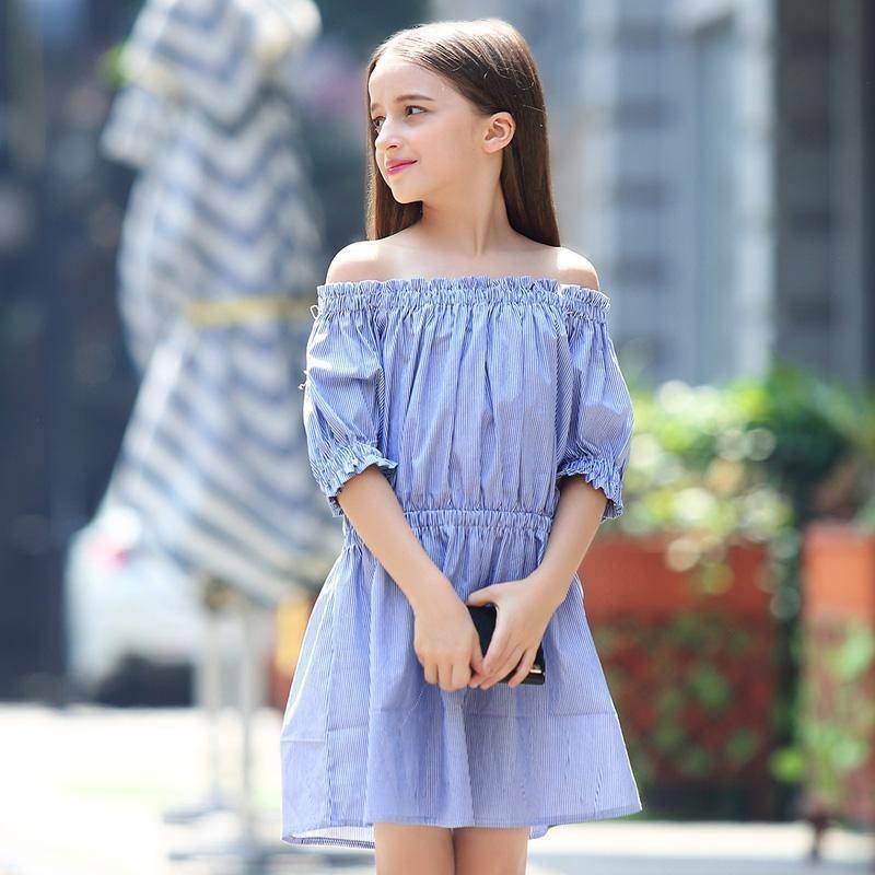 Teen Girls Off Shoulder Striped Dress