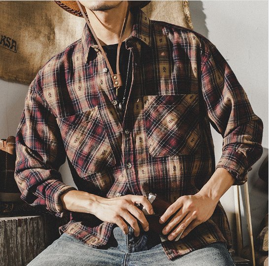 Men's Vintage Plaid Flannel Shirt Western Style Long Sleeve Top