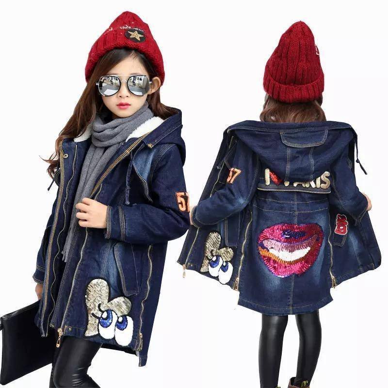 Warm Winter Kid Girl  Denim Jacket Velvet Hooded Outwear