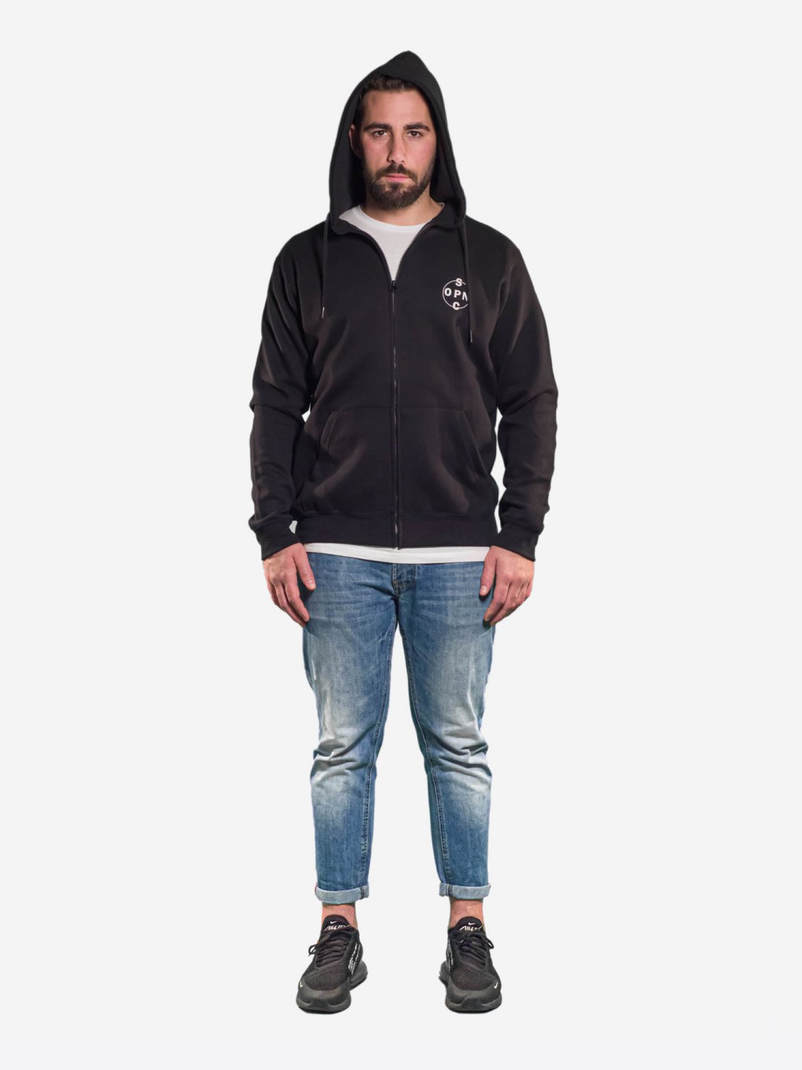 OPENSPACE  SIZE L, art & fashion zipped hooded Sweatshirt for man, black, biodegradable package
