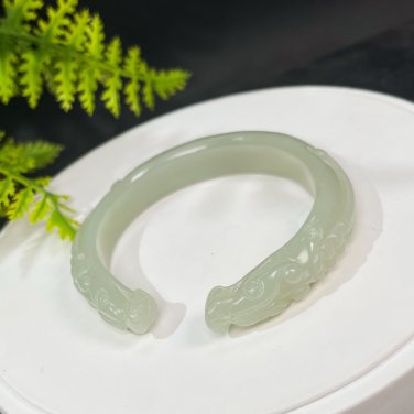 Natural Certificated Hand Carved Two Dragon Heads Yellow Hetian Nephrite Open Bangle 59MM