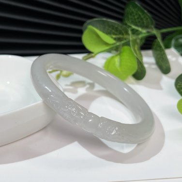Natural Certified Smoky Gray Floating Sugar Two Dragons with Ball Hetian Nephrite Bangle 55+MM
