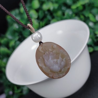 Yanyuan Agate Oval Pendant Necklace Matte Pink Green Hand Carved Peony &ccedil;��&aelig;&ordm;�&ccedil;��&ccedil;��