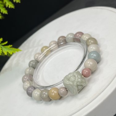 Alxa Agate Beaded Bracelet 10mm Porcelain Luster Multi-color Carved Lion Dance Head