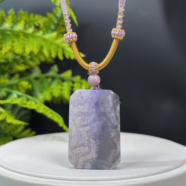 Fossilized Coral Pendant Necklace Icy Jadeification Bryozoan Old Mine Purple Gray