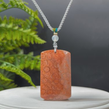Fossilized Coral Pendant Necklace Porcelain Luster Jadeification Gradient Orange Pink Lemon Blossom