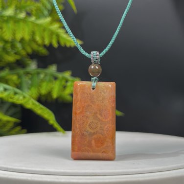 Orange Fossilized Coral Pendant Necklace Jadeification Rectangle Lemon Blossom