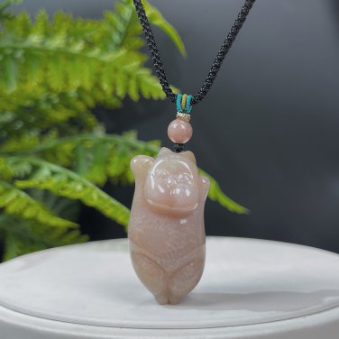 Pink Fossilized Coral Pendant Necklace Jadeification Sunflower Hand Carved Cute Fat Cat