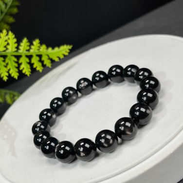 Egyptian Hypersthene Beaded Bracelet 11mm Flashing Gold Black Gemstone