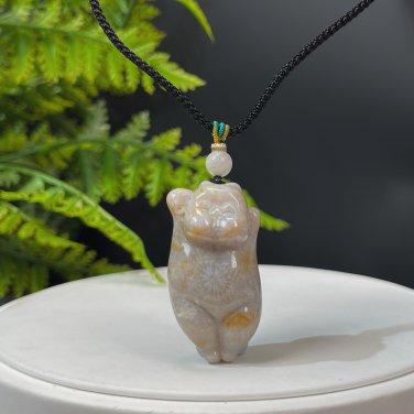 Fossilized Coral Pendant Jadeification Gray Blue Yellow Lemon Blossom Phoenix Tail Cute Fat Cat