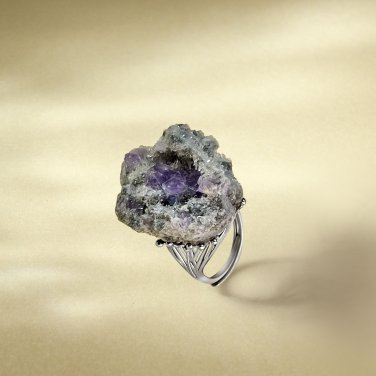 Raw Amethyst Adjustable Ring Geode Cornucopia Freeform Starlight Crystal Clusters Silver S925